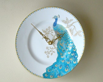 Peacock Wall Clock, 8-3/4 Inch Porcelain Plate Wall Clock, Turquoise Gold Peacock Wall Decor - 3220