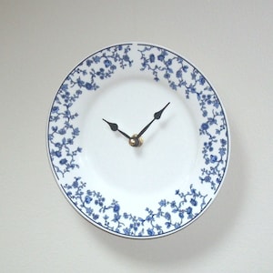 7.5 Inch Blue Toile Wall Clock, White and Blue Floral Plate Clock, Small Clock for Kitchen, French Country Clock 3292 image 2