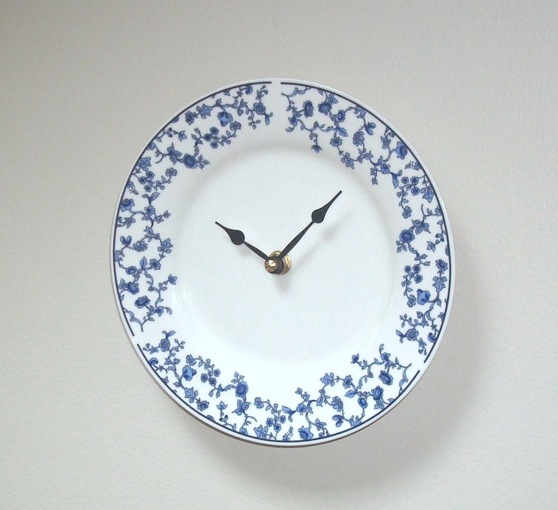 7.5 Inch Blue Toile Wall Clock, White and Blue Floral Plate Clock, Small Clock for Kitchen, French Country Clock 3292 image 2