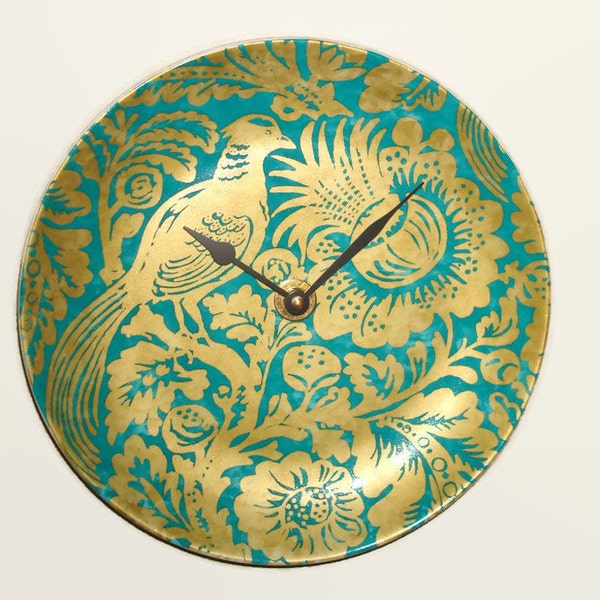 SILENT Exotic Bird and Floral Wall Clock 10-1/2 Inches, Teal and Gold Home Decor, Porcelain Plate Wall Clock, Gift for Mom - 2178