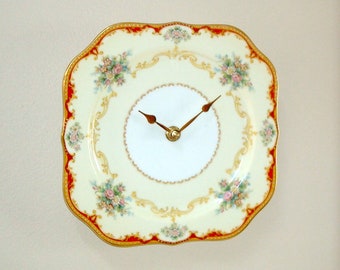 8-9 Inch Vintage Victorian Scroll and Floral Wall Clock, Silent Porcelain Plate Clock, Retro Kitchen Wall Decor - 3177