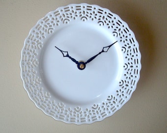 Small Lacy White Wall Clock - Porcelain Plate Clock - Unique Wall Clock - Wall Decor - Kitchen Clock - 3184