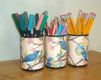 Bluebird Desk Accessories - Floral Bird Pencil Holder - Fun Desk Organization - Office Decor - Dorm Decor - 1640