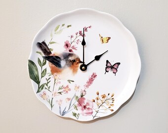 Bird & Floral Wall Clock, 8.5 Inch Ceramic Plate Clock - Item 3508