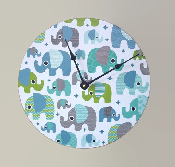 Items similar to Elephant Nursery Decor, Wall Clock for Nursery, Child's Room Clock, Teal Green