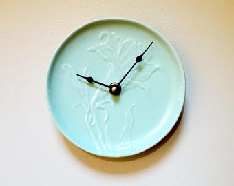 Small Mint Green Floral Wall Clock: (6 Inch) Ceramic Botanical Design - Item 3395
