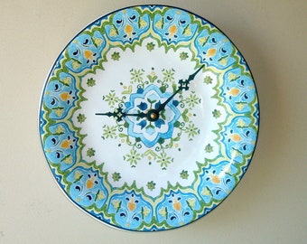 Turquoise and Lime Floral Patterned Wall Clock, 9 Inch Ceramic Plate Wall Clock, Unique Wall Decor, Unique Wall Clock - 3268