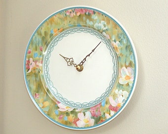 Vintage Floral Wall Clock, 8.5 Inch Kitchen Wall Clock, Pastel Impressionistic Ceramic Plate Clock - 3181