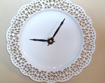 Small Lacy White Wall Clock 7-1/2 Inches, Lace Doily Clock, Porcelain Plate Clock, Unique Wall Clock - Minimalist Wall Decor - 3186