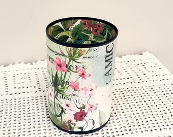 Bird Butterfly & Floral Pencil Holder: Recycled Tin Can Desk Organizer - Item 1725