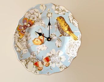 Silent Bird and Butterfly Wall Clock, Bird Clock, Porcelain Plate Clock, Unique Wall Decor, Kitchen Clock, Spring Wall Clock  3246