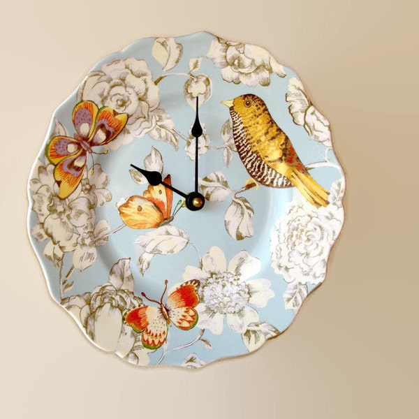 Silent Bird and Butterfly Wall Clock, Bird Clock, Porcelain Plate Clock, Unique Wall Decor, Kitchen Clock, Spring Wall Clock  3246