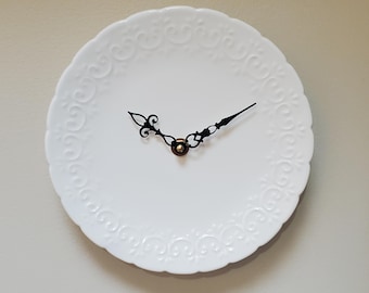 White Ceramic Plate Wall Clock: 9 Inch Victorian Scroll Kitchen Wall Decor - Item 3465