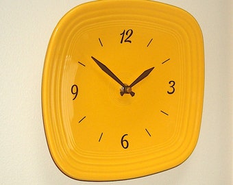 9 Inch Fiesta Marigold Plate Clock with Numbers, Yellow Gold Clock for Kitchen, Ceramic Clock - 3290