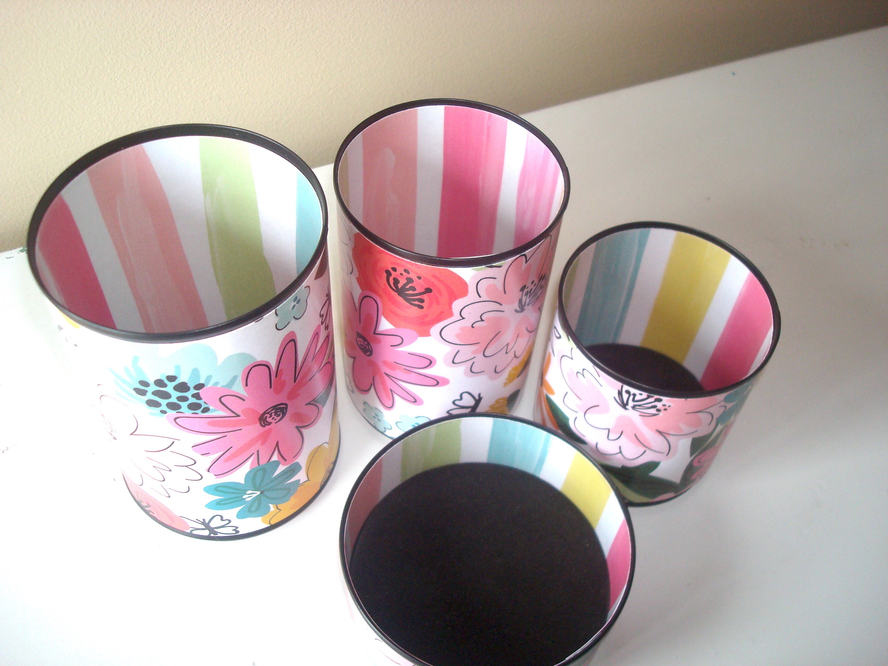 Floral Tin Can Desk Organizer, Whimsical Pencil & Brush Holder - Item ...