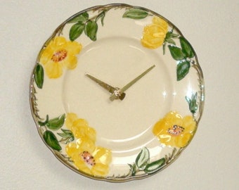 Yellow Floral Wall Clock, 8 Inch Floral Ceramic Plate Clock, Kitchen Clock, Living Room Clock - 3201