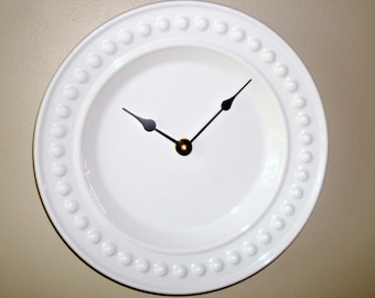 11-1/2 Inch White Wall Clock, Ceramic Plate Clock, Kitchen Clock, Unique Wall Clock, Black and White Wall Decor, Minimalist Wall Clock 2466