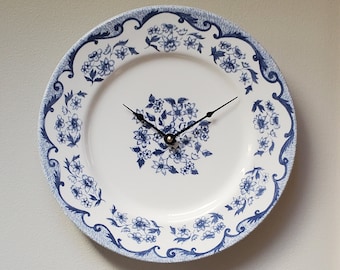 11 Inch French Toile Wall Clock,  Blue Floral Plate Clock, Plate Clock for Kitchen, French Country Clock, Royal Stafford Plate - 3287