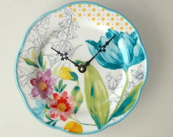 8.5 Inch Turquoise Floral Wall Clock, Available with Numbers, Ceramic Plate Clock, Floral Wall Decor - 3044