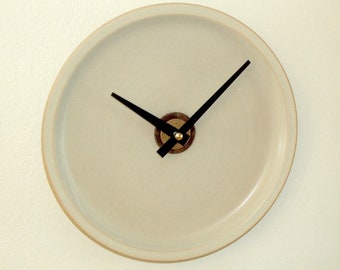 8.5 Inch Tan Stoneware Wall Clock, Pottery Style Plate Clock, Rustic Kitchen Clock - 3202
