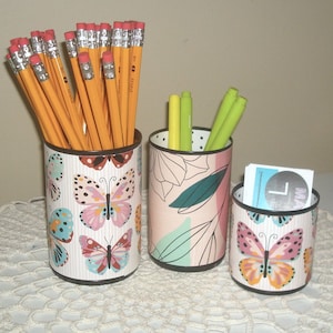 Butterfly and Floral Desk Accessories, Pastel Pencil Holder Cup, Tin Can Desk Organization, Home Office Decor 1508