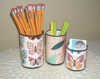 Butterfly and Floral Desk Accessories, Pastel Pencil Holder Cup, Tin Can Desk Organization, Home Office Decor 1508