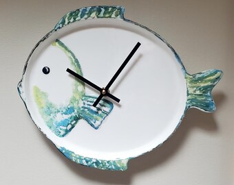 Hand Painted Fish Wall Clock; 12 Inch MELAMINE Beach House Decor - Item 3466