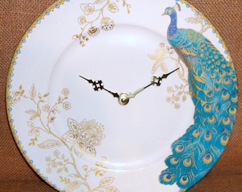Elegant Turquoise and Gold Peacock Wall Clock, 11 Inch Turquoise Blue Porcelain Plate Wall Clock, Peacock Home Decor, Unique Wall Clock 3225