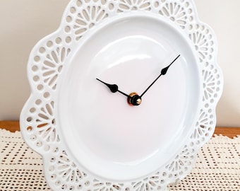 White Porcelain Plate Wall Clock; Doily Cut-Out Rim (10 Inches) - Item 3510