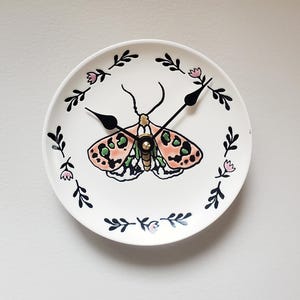 6 Inch SMALL Moth Butterfly Wall Clock, SILENT Ceramic Plate Clock - 3479