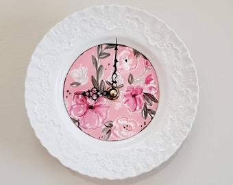 SMALL 6.25 Inch Pink Floral Porcelain Plate Wall Clock - Item 3441