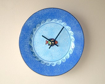 8 Inch Fish Wall Clock, Silent Porcelain Plate Clock, Whimsical Waves Small Wall Clock - 3074