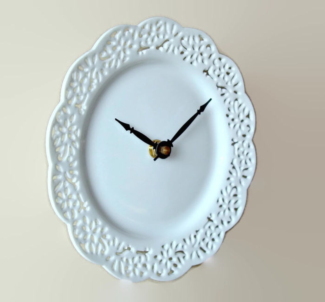 Small Lacy White Wall Clock Porcelain Plate Clock Unique Etsy