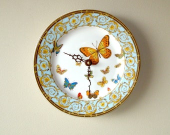 Butterfly Wall Clock, 8 Inch Porcelain Plate Wall Clock, Blue and Gold Ornate Scroll Butterfly Wall Decor - 3219