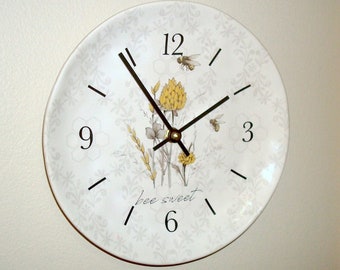 8.5 Inch Bee Wall Clock,  Small Ceramic Plate Clock, Bees and Clover Wall Decor - 3269