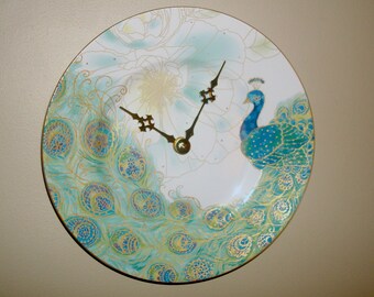 9 Inch Turquoise and Gold Peacock Porcelain Wall Clock - Silent Home Decor - Item 3004