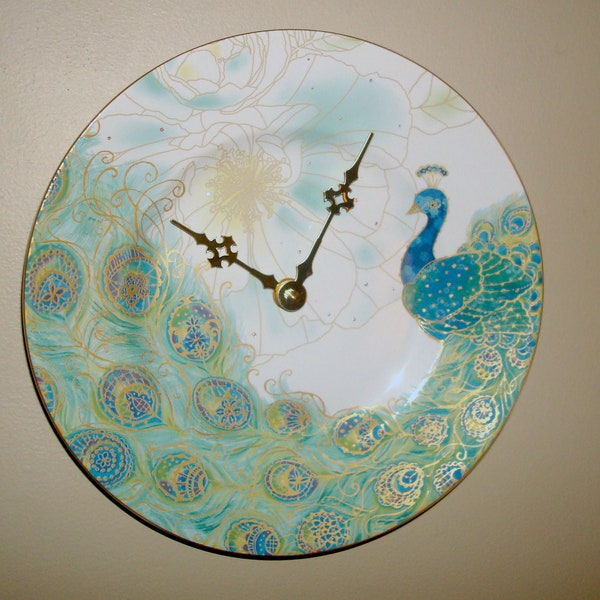 Turquoise and Gold Peacock Wall Clock, 9 Inch Silent Porcelain Plate Wall Clock, Peacock Home Decor, Unique Wall Clock  3004