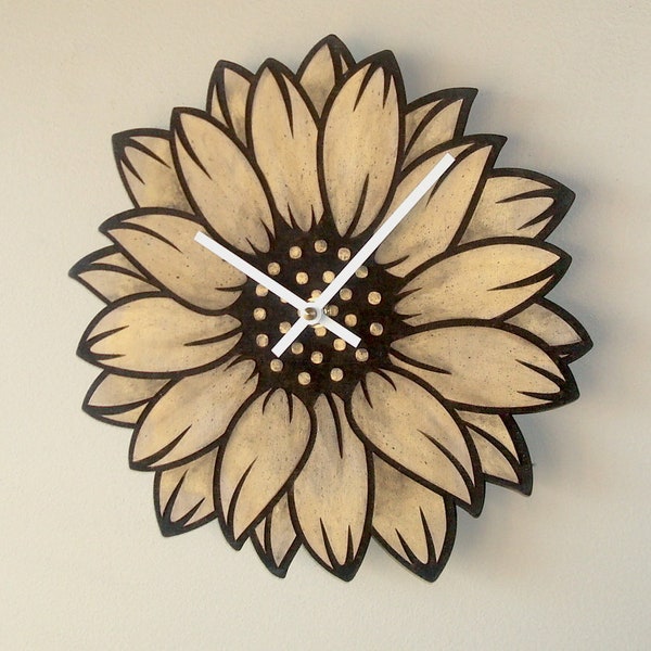 10 Inch Wooden Sunflower Clock, Silent Sunflower Wall Clock, Hand Painted Clock - 3051