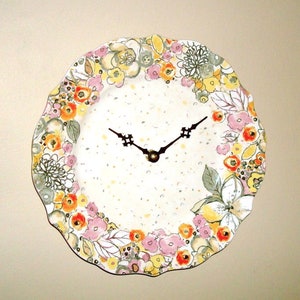 10-1/2 Inch Confetti Floral Wall Clock, Available with Numbers, Ceramic Plate Clock, Fun Floral Wall Decor - 3112