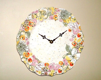 10-1/2 Inch Confetti Floral Wall Clock, Available with Numbers, Ceramic Plate Clock, Fun Floral Wall Decor - 3112