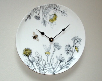 8.5 Inch Clover and Bee Wall Clock (A),  Small Ceramic Plate Clock, Bee Wall Decor, Kitchen Clock - 3283