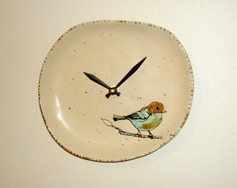 Bird Wall Clock, 8.5 Inch SILENT Beige Ceramic Plate Wall Clock, Kitchen Clock, Plate Wall Decor - 3247