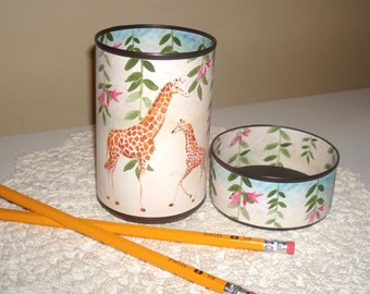 Giraffe Pencil Holder, Baby Giraffe Desk Accessories, Animal Print Tin Can Desk Organizer, Office Decor - 1259