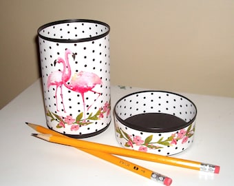 Cute Pink Flamingo Desk Accessories / Black and White Polka Dot Pencil Holder Cup / Home Office Desk Organizer / Makeup Brush Holder   1605