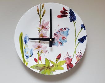 Flowers and Butterfly Porcelain Wall Clock: 8 Inch Silent Floral Kitchen Wall Decor - Item 3463