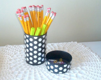 Black and White Polka Dot Desk Accessories, Pencil Holder, Black & White Desk Organization, Makeup Brush Holder - 1650