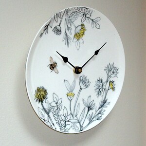 8.5 Inch Clover and Bee Wall Clock A, Small Ceramic Plate Clock, Bee Wall Decor, Kitchen Clock 3283 image 3