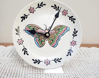 SMALL 6 Inch Butterfly Wall Clock, SILENT Ceramic Plate Clock - 3480