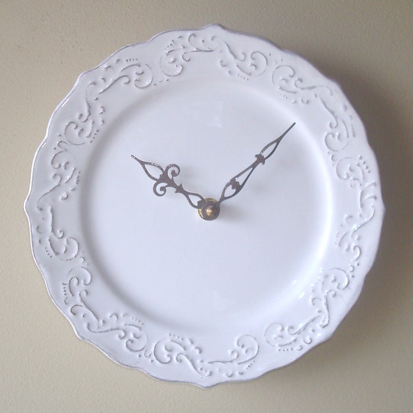 Ornate Scroll Wall Clock in Antique White - 9 inch SILENT Wall Clock - Kitchen Wall Decor - Kitchen Clock - 2792