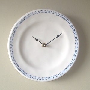 Blue and Off-White Wall Clock, 9 Inch Ceramic Plate Clock, Silent Kitchen Clock, Unique Wall Clock, Kitchen Decor - 3011